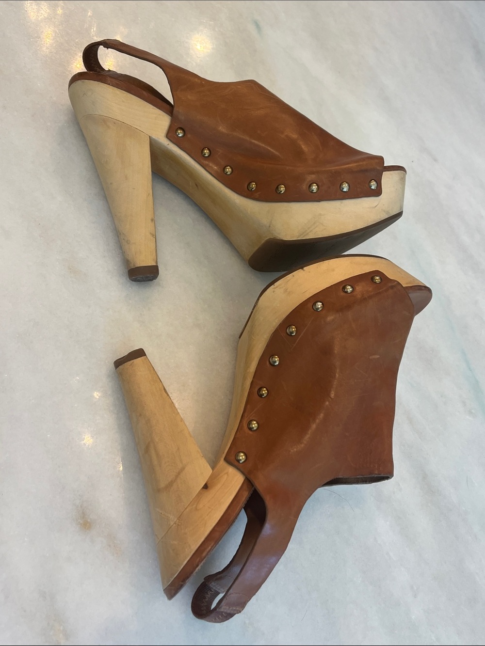 Via Spiga Astro Studded Slingback Platform Heels Clogs Carmel Brown Leather Sz 8 - Picture 4 of 13